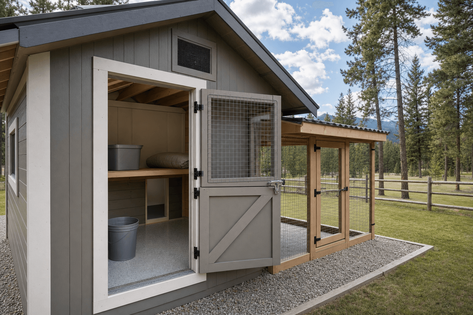 Dog kennel shed detail with secure latch, screened ventilation, blank feed bin, bedding shelf, washable threshold, covered run connection, and gravel drainage