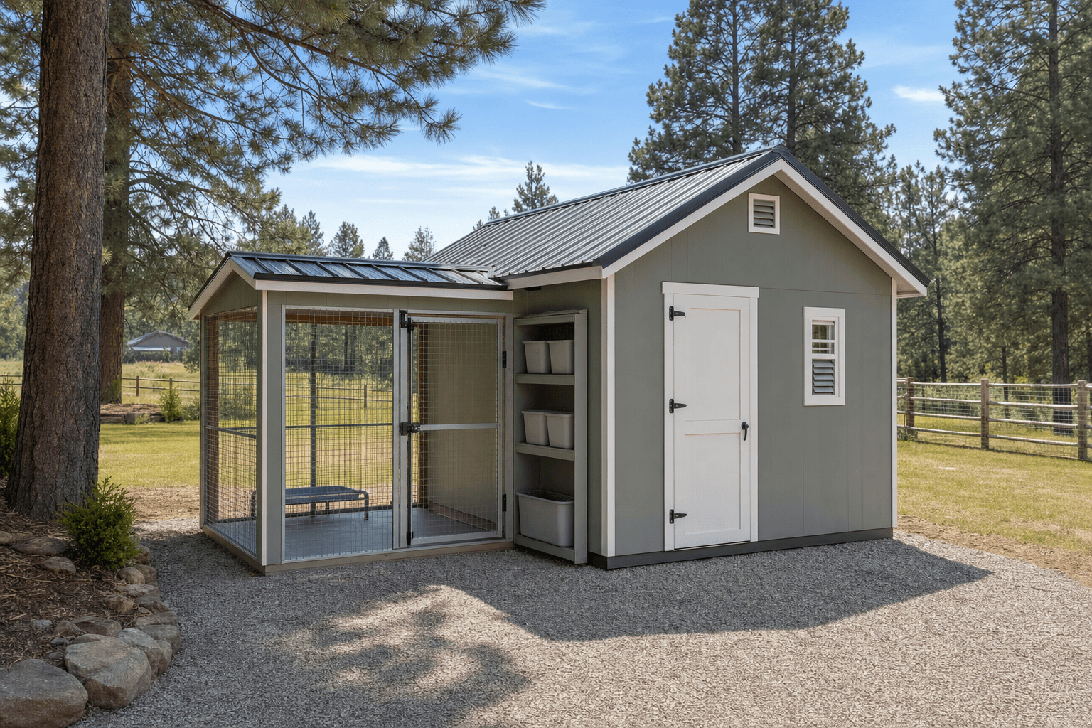 Buildable North Idaho dog kennel shed with covered run, vented gable roof, secure hardware
