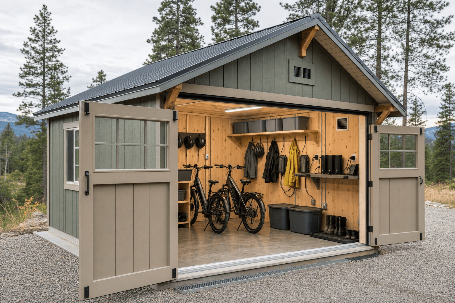 Open e-bike shed with unbranded bikes, charging shelf, helmet hooks, dry gear storage, ventilation, and clear aisle