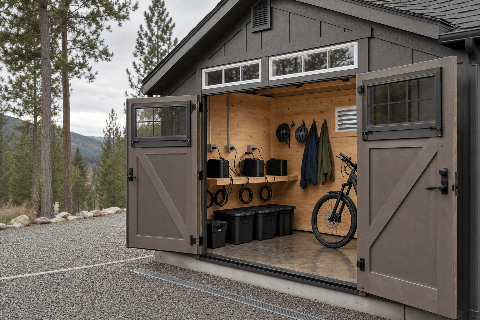 E-bike shed detail with plain charging shelf, cable routing, dry gear hooks, ventilation, durable floor, and blank storage bins