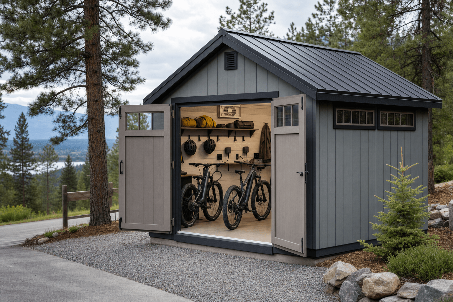 Secure e-bike charging and storage shed with wide doors, ventilation, dry gear storage, and weather protection in North Idaho