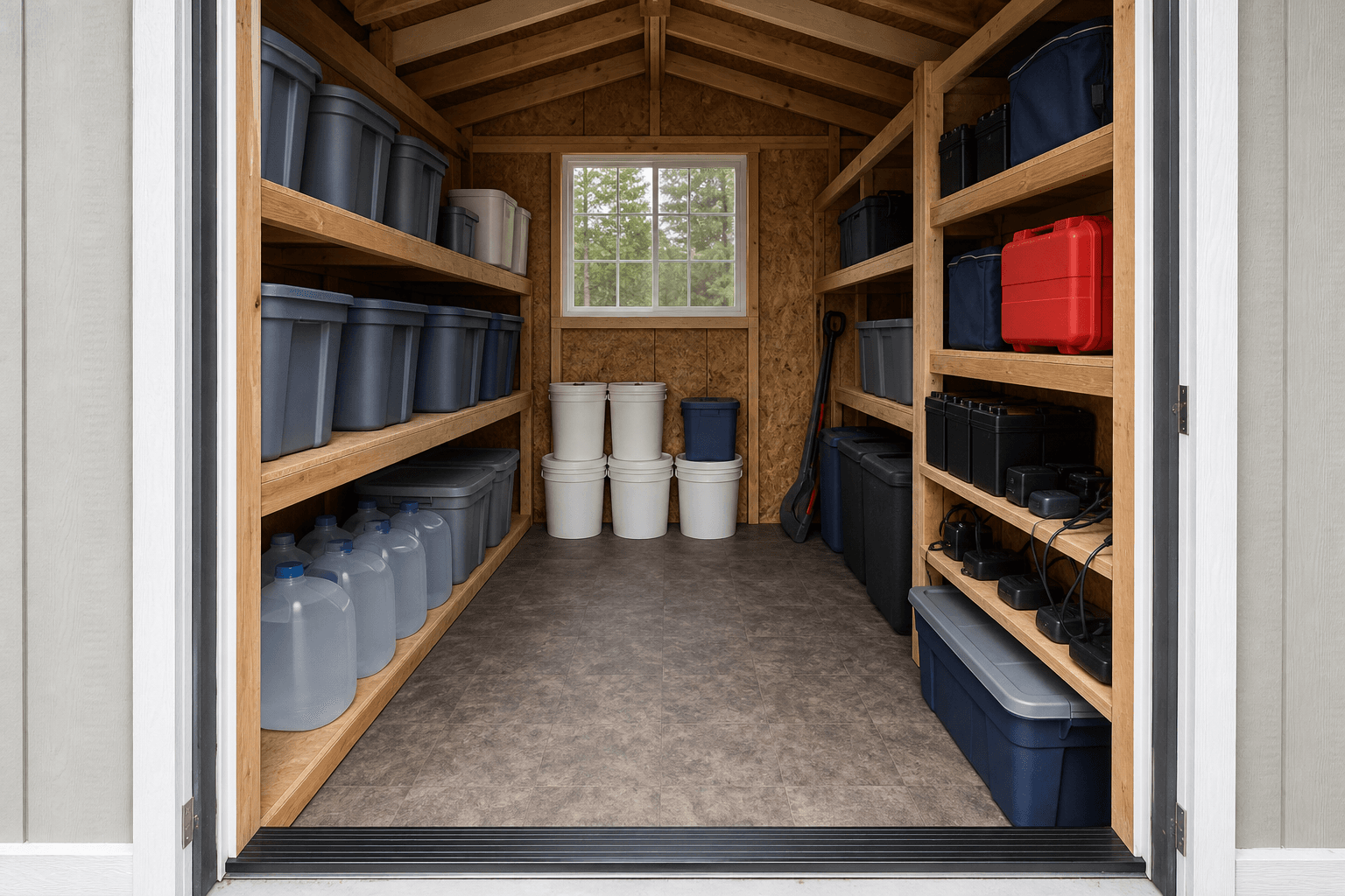 Emergency preparedness shed interior with sturdy shelves, blank blue and gray bins, water jugs, food buckets, utility case, battery boxes, charging cords, durable floor, and clear aisle.