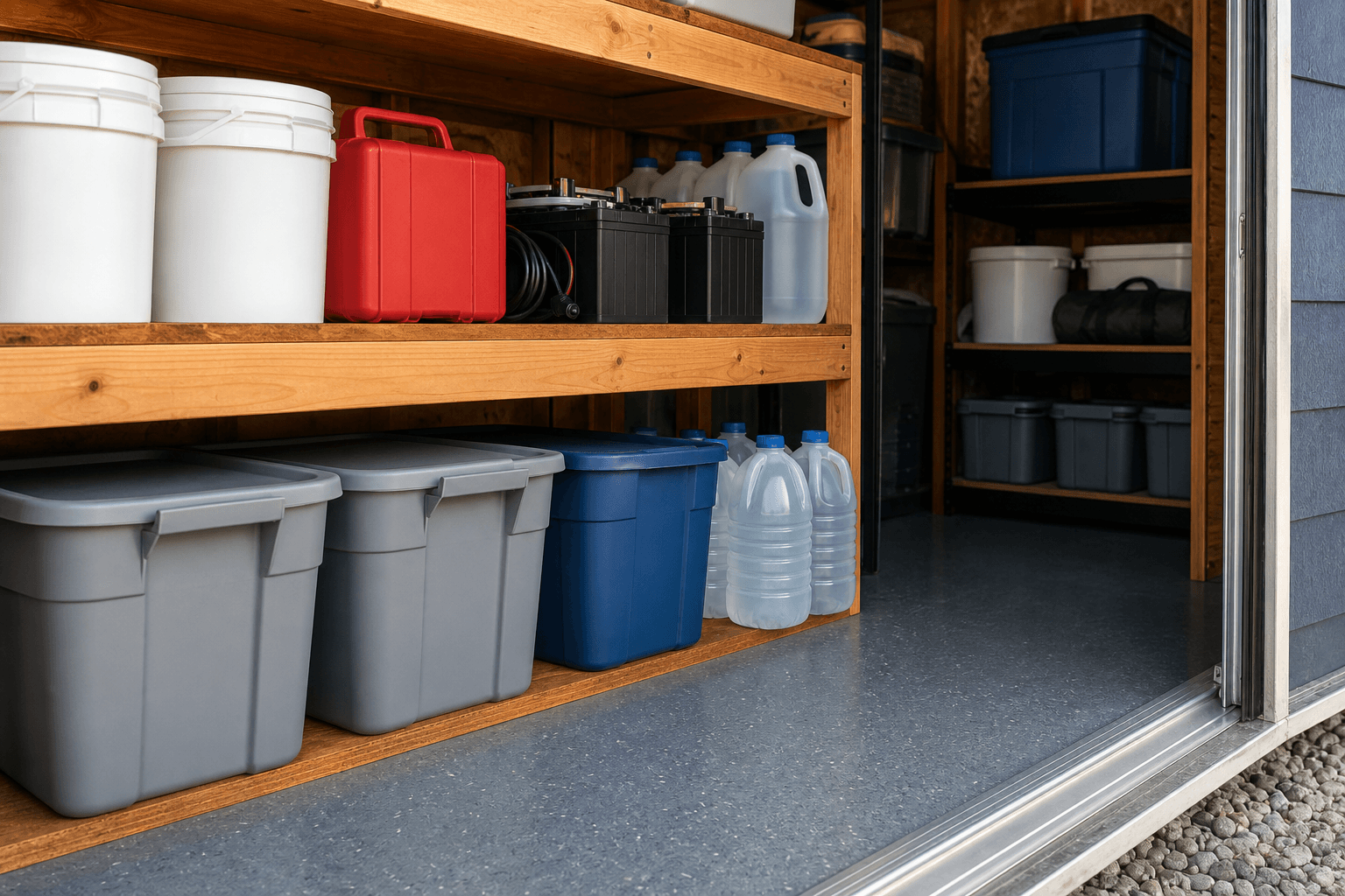 Emergency preparedness shed detail with blank bins, water jugs, food buckets, plain utility case, battery boxes, bundled charging cords, shelf organization, and durable floor.