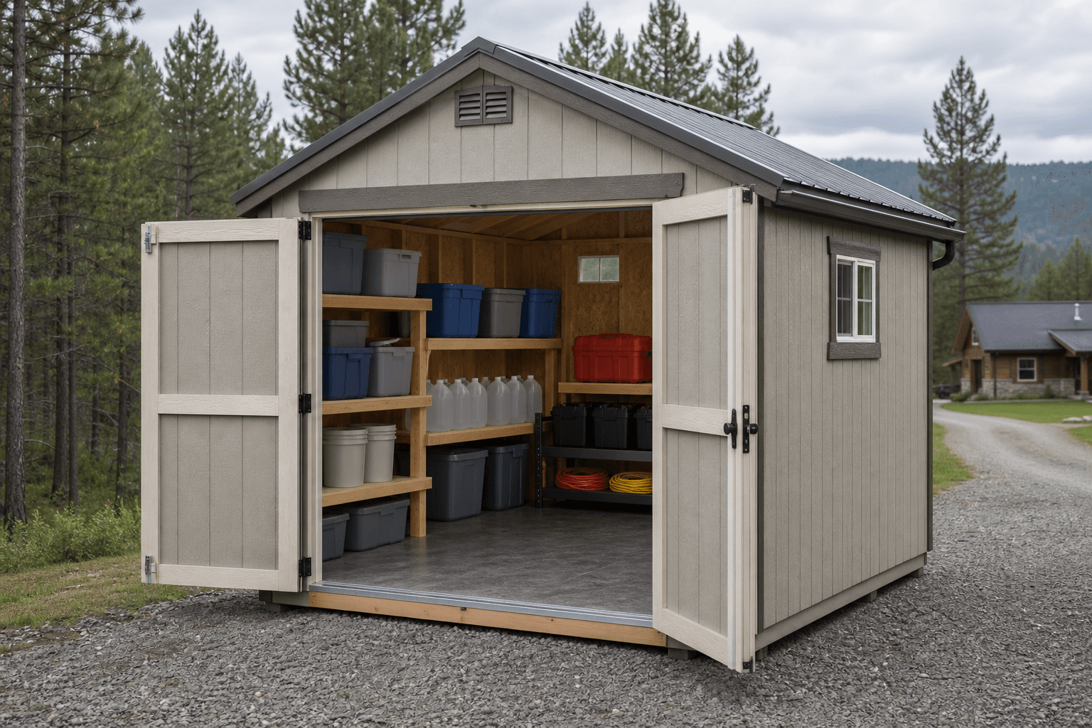North Idaho emergency preparedness shed with open doors, blank storage bins, water jugs