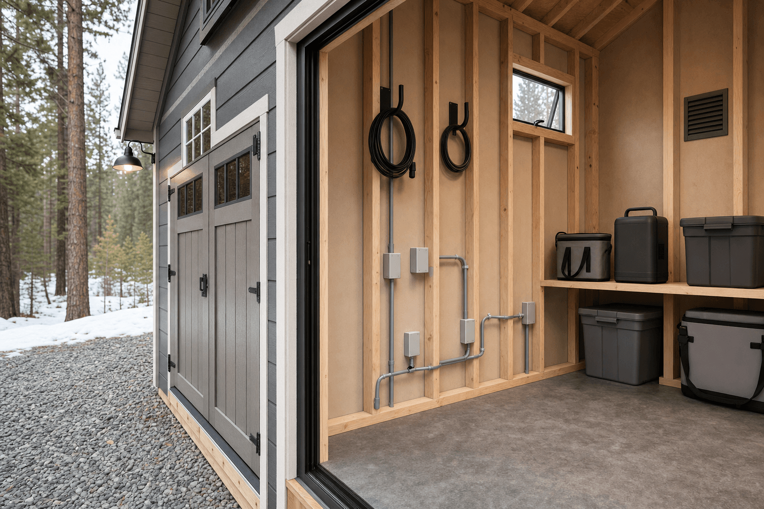 EV charging power shed detail with blank outlet boxes, cable routing cues, battery shelf spacing, ventilation, durable floor, and weather-protected entry