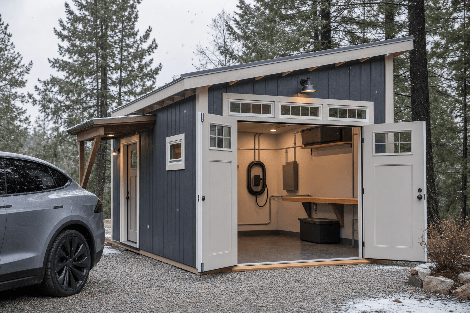 North Idaho EV charging power shed with weather-protected driveway access, blank cable organizer, ventilation, wide doors, dry storage, and realistic electrical planning cues