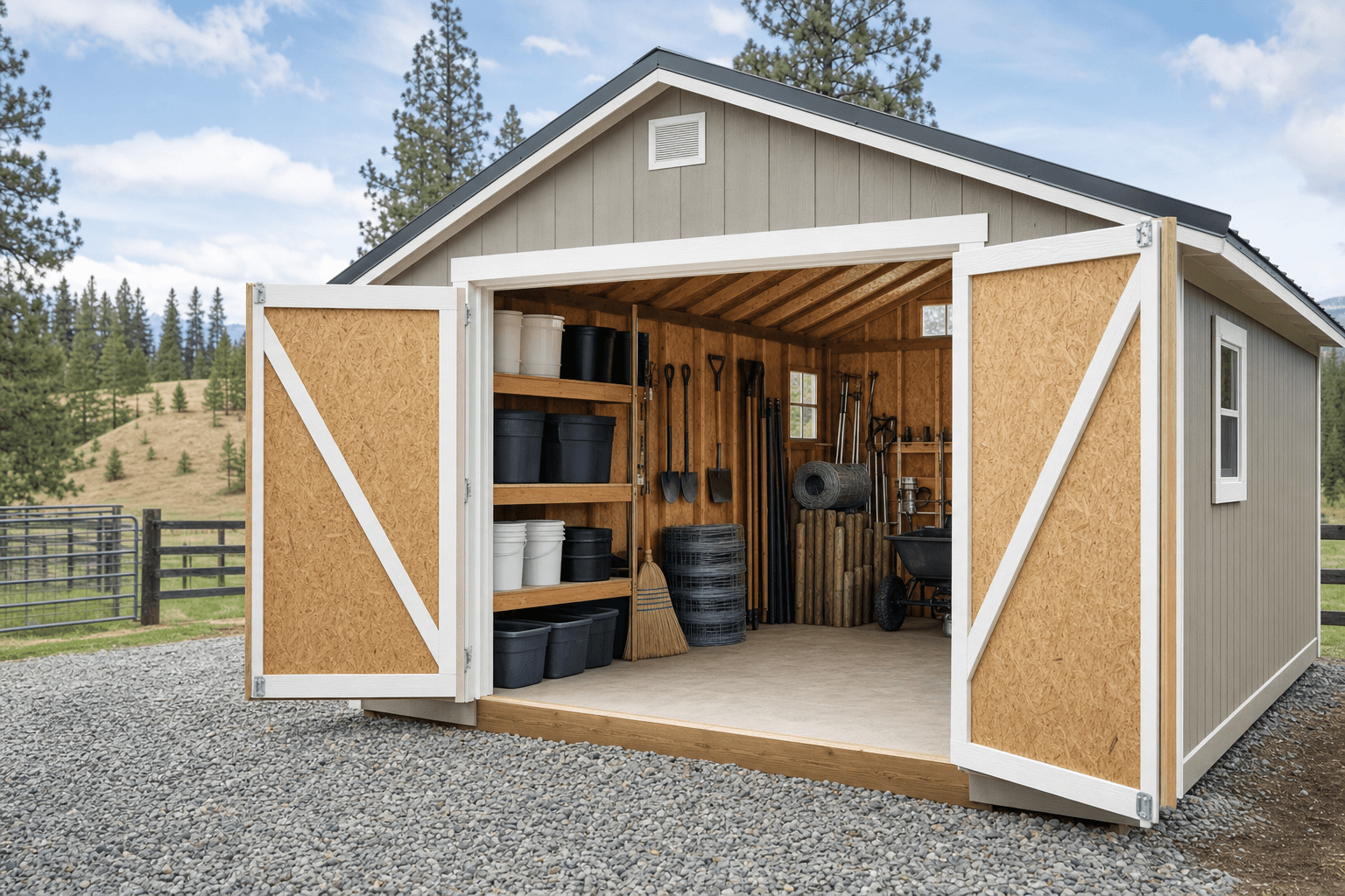 Interior of a 20x30 shed with three bays across the front, a workbench, and overhead storage