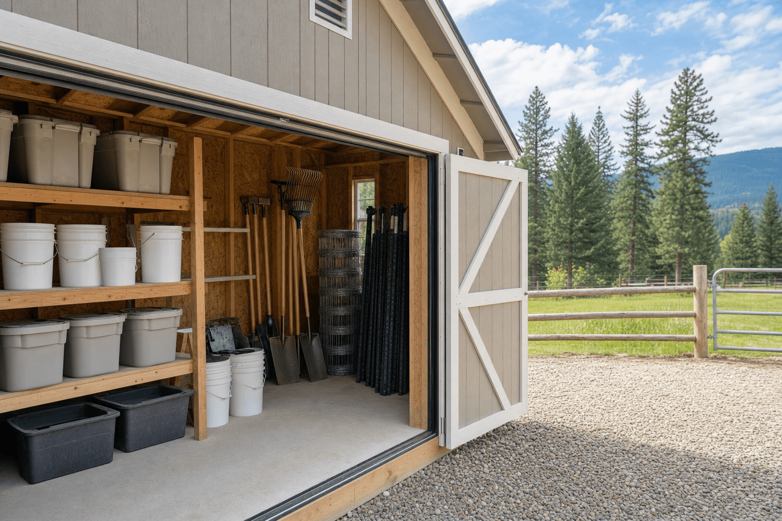 Interior detail of a North Idaho farm storage shed with blank bins, tool wall, fencing supplies, buckets, washable floor planning, vents, and clear access aisle