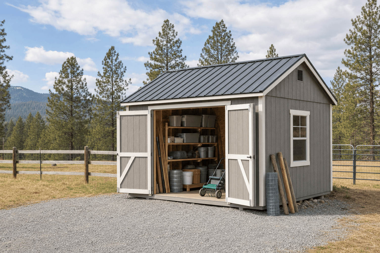 A 20x30 multi-bay shed with wide overhead doors across the front on a concrete slab in North Idaho
