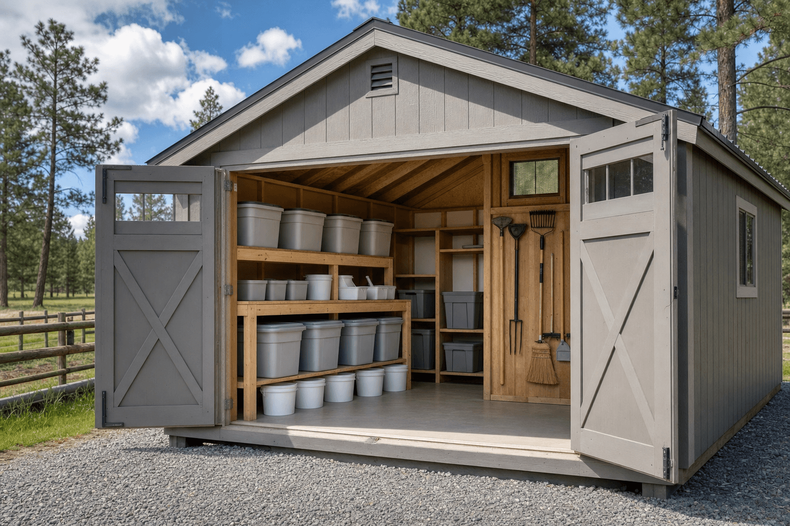 Open feed storage shed with raised dry threshold, blank feed bins, organized shelves, buckets, separated hand tools, vent, and clear aisle