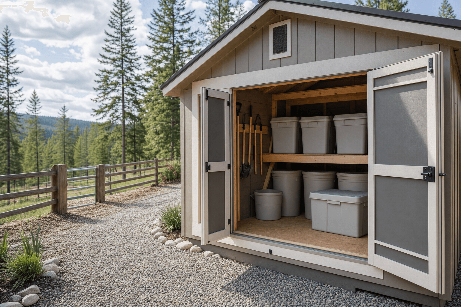 Feed storage shed detail with blank lidded bins, raised shelf, buckets, separated tools, screened vent, dry threshold, and gravel drainage