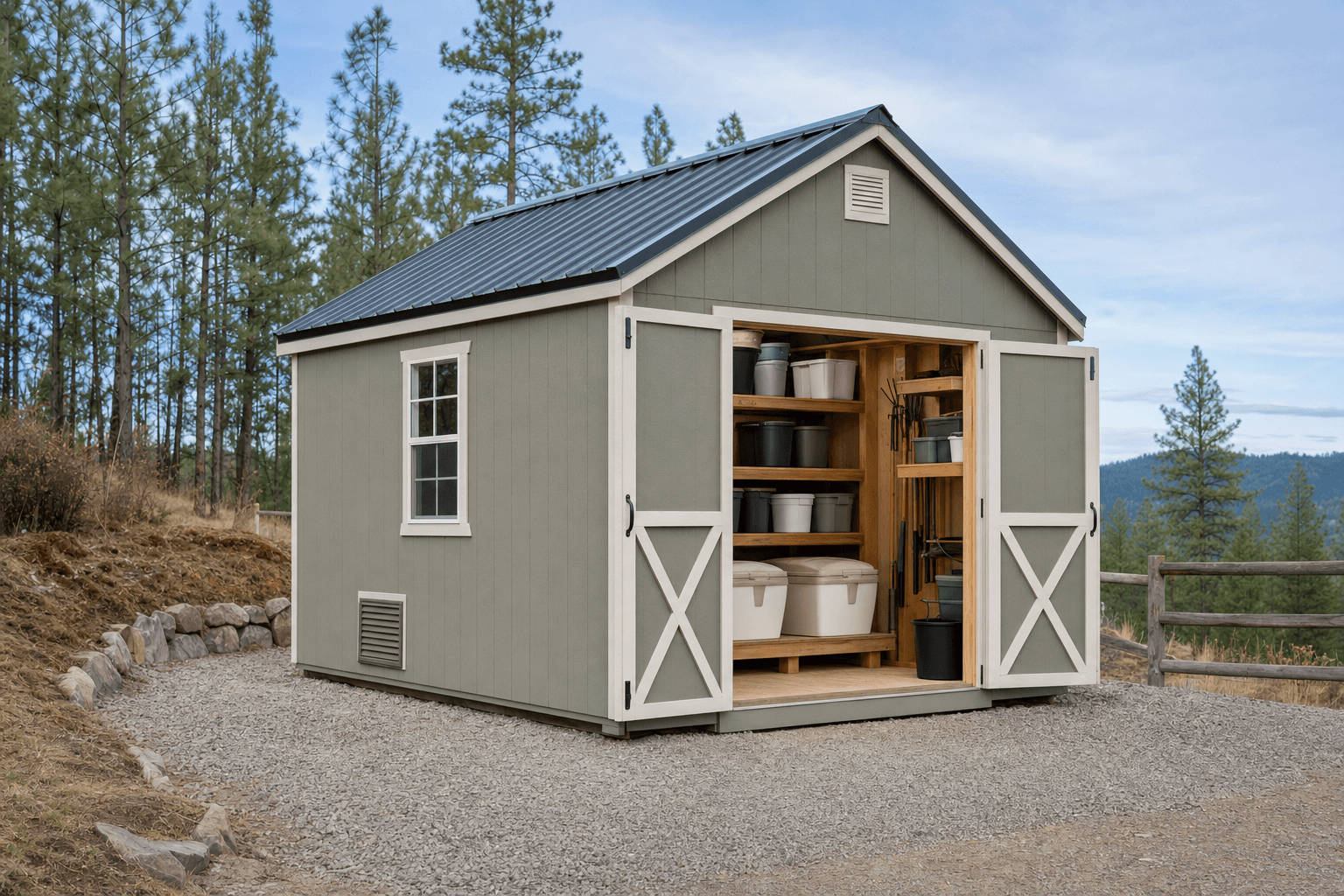 Buildable North Idaho feed storage shed with wide doors, blank feed bins, organized shelves