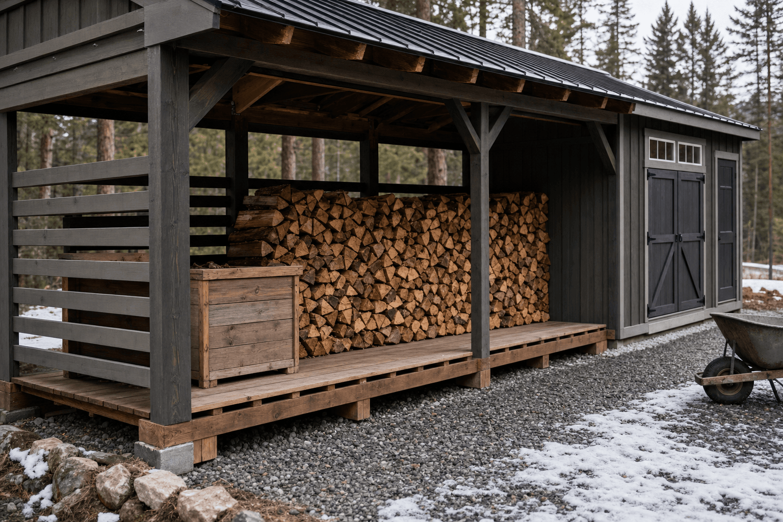 Firewood shed detail with raised slatted floor, ventilated side gaps, covered wood stack, kindling storage, gravel drainage, and wheelbarrow access