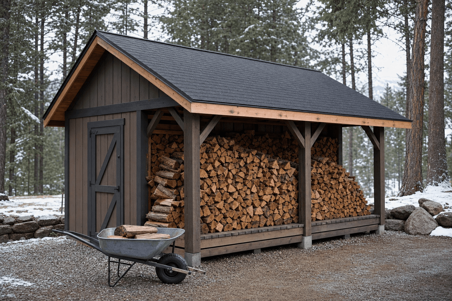 A long, narrow 8x14 gable shed set along a fence line on a gravel pad in North Idaho