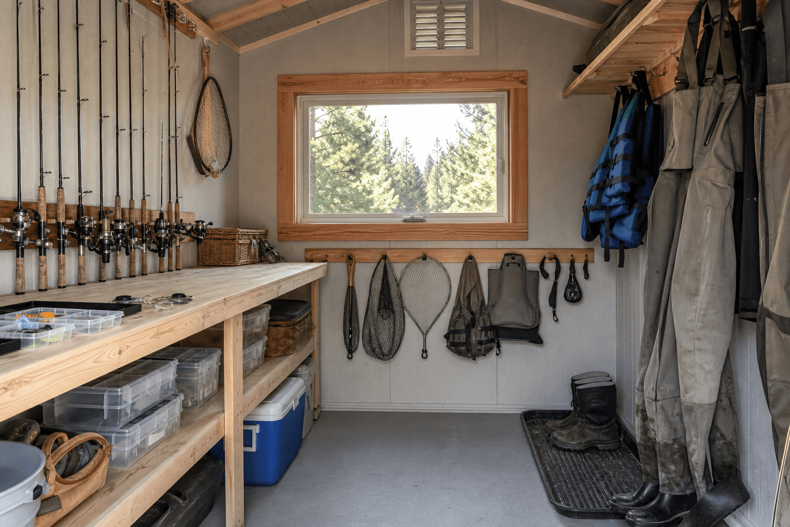 Fishing tackle shed interior with rod racks, tackle trays, prep bench, waders, life jackets, cooler, ventilation, and boot tray.