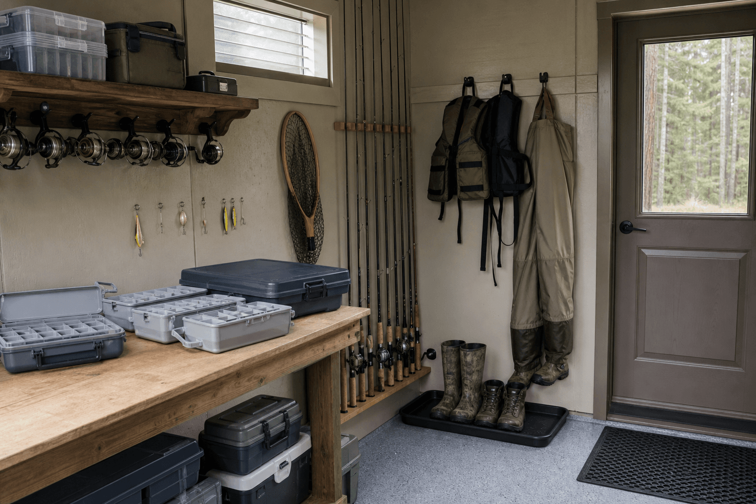 Fishing tackle prep bench with blank tackle trays, rod rack, reel hooks, wader storage, boot tray, cooler, venting, and cleanable floor.