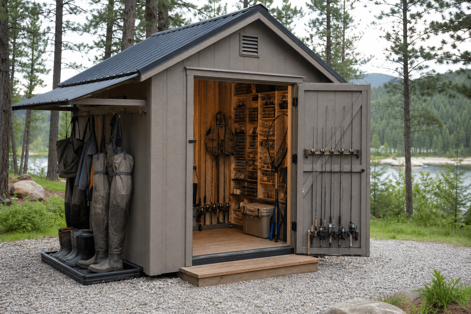 North Idaho fishing tackle shed with rod racks, tackle storage, wader drying area, life jackets