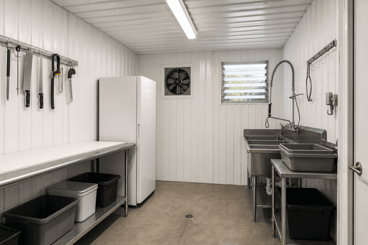 Clean game processing shed interior with washable wall panels, sealed floor, worktable, wash station, ventilation, lighting, storage bins, and freezer.