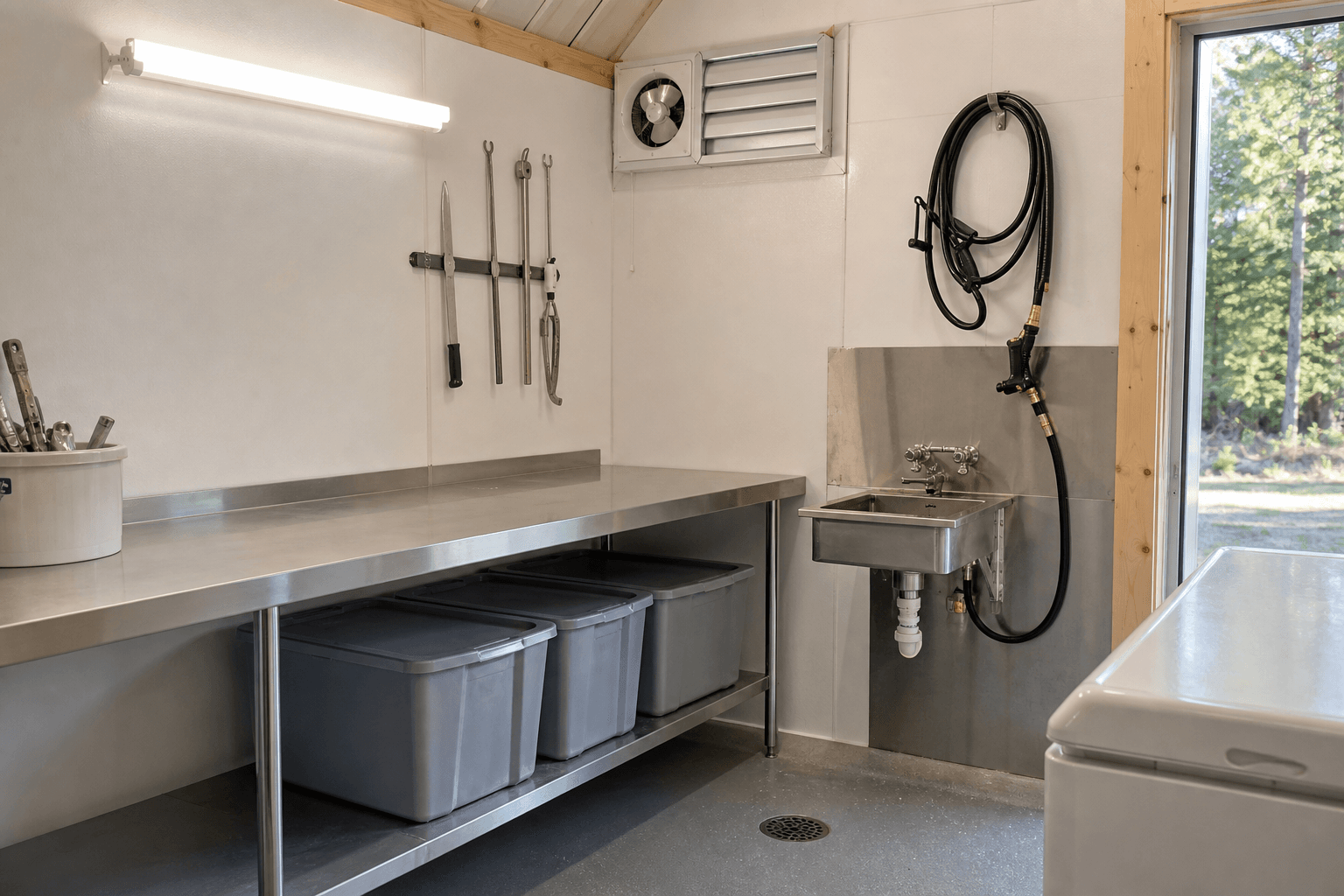 Game processing shed detail with stainless prep table, washable walls, task light, vent, wash sink, hose, storage bins, freezer edge, and floor drain.