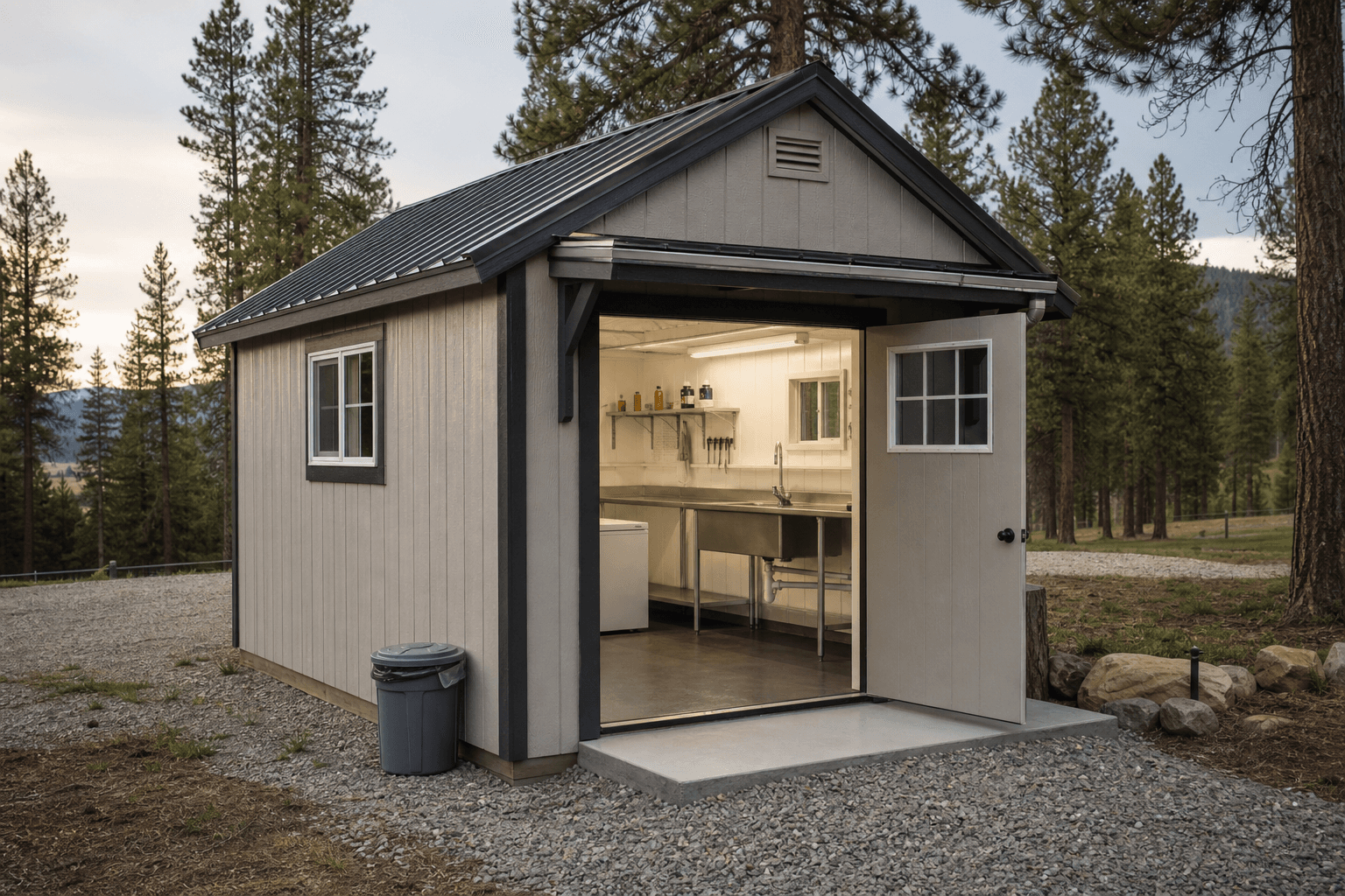 North Idaho game processing shed with open entry, washable workspace, stainless work surface
