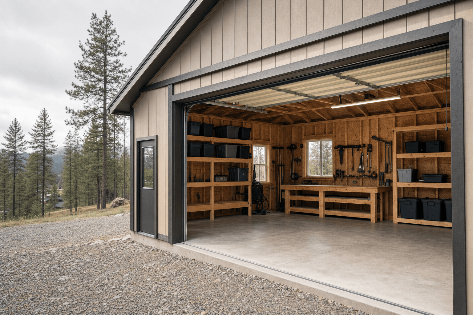 Garage shed interior detail with workbench, wall storage, blank bins, and clear floor access