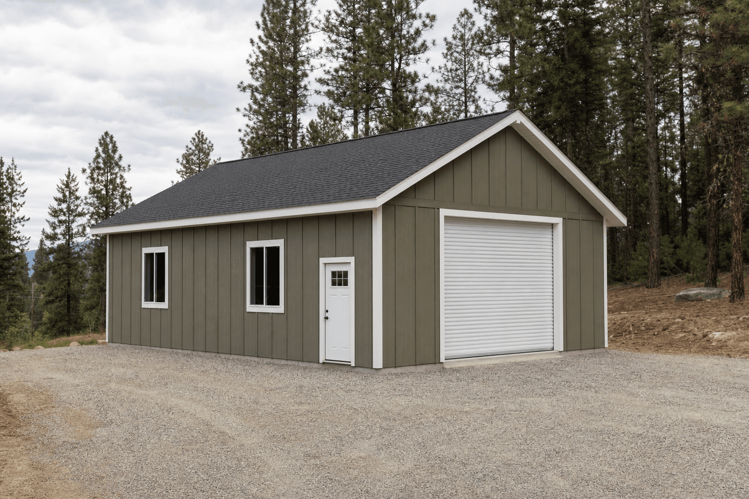 Garage-style shed with wide vehicle access on a North Idaho gravel pad
