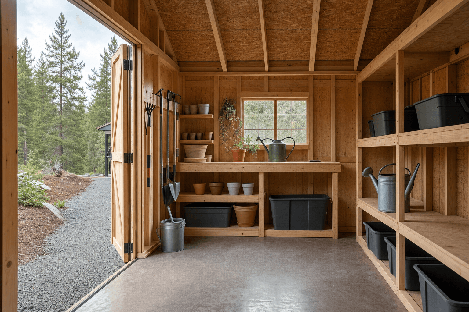 Garden shed detail with potting bench, hooks, shelves, and blank storage bins