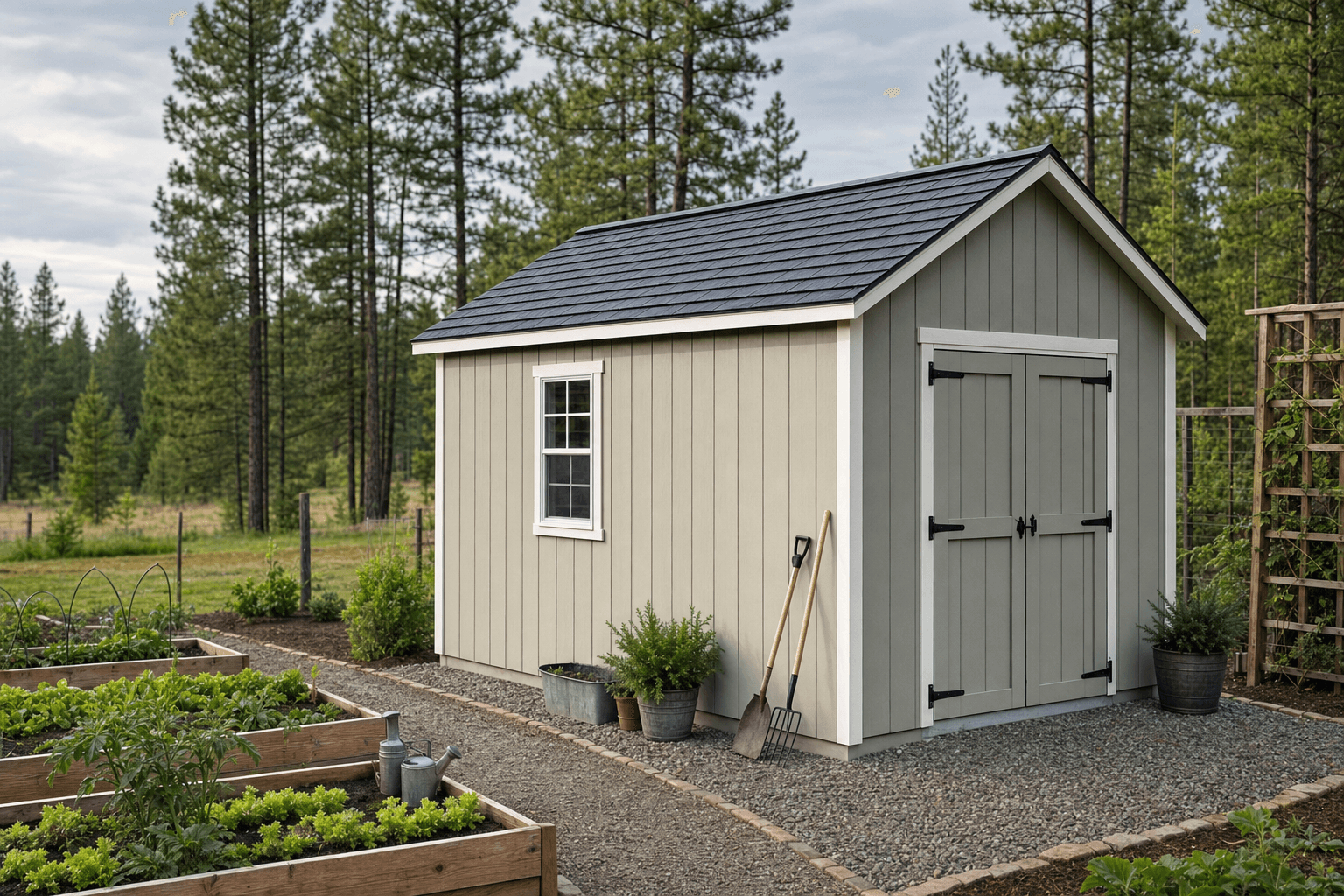 Gable garden shed beside raised beds on a North Idaho gravel pad
