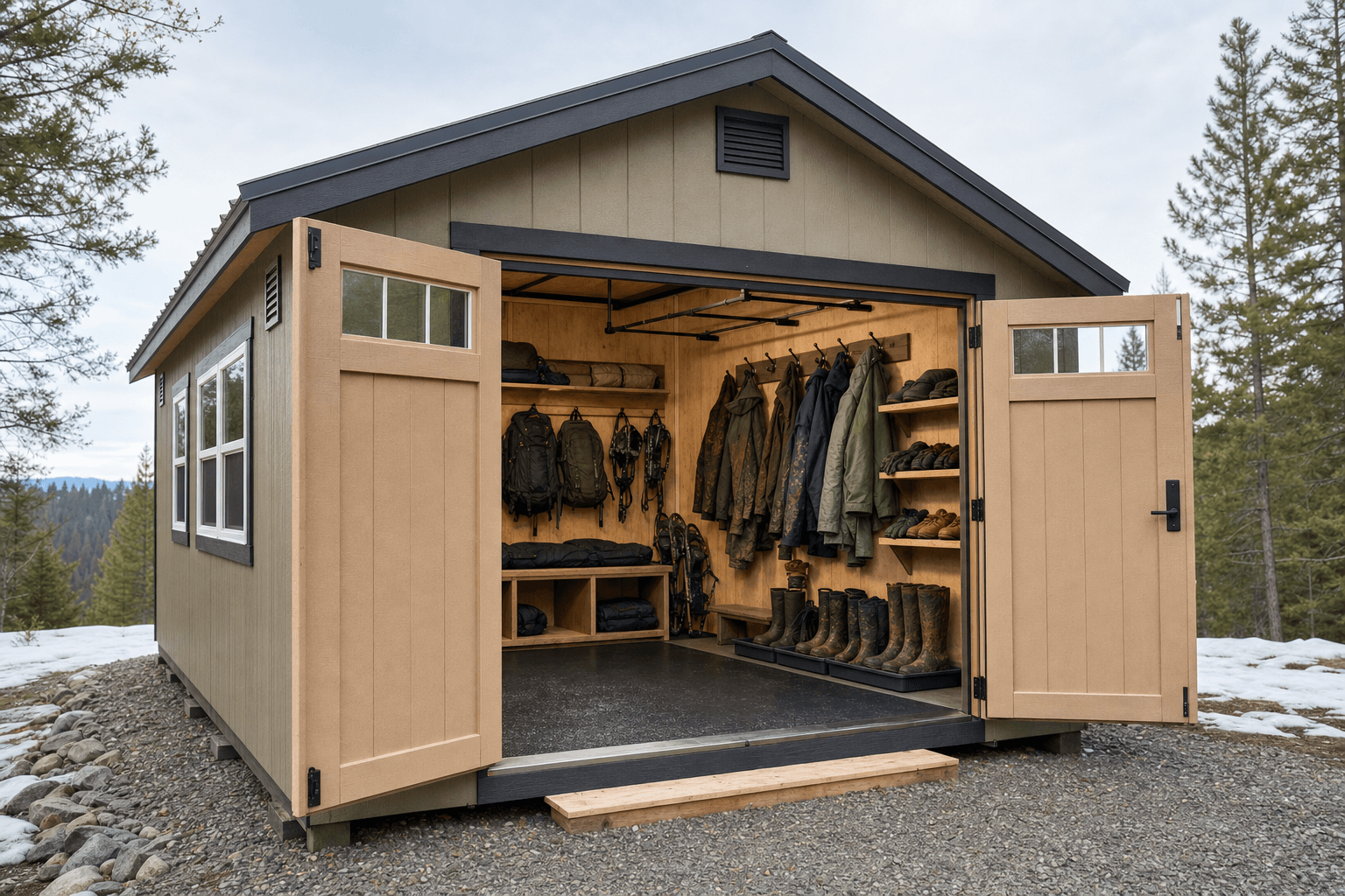 Open gear drying shed interior with boot trays, jacket hooks, glove storage, ventilation, durable floor, and mud/snow entry planning
