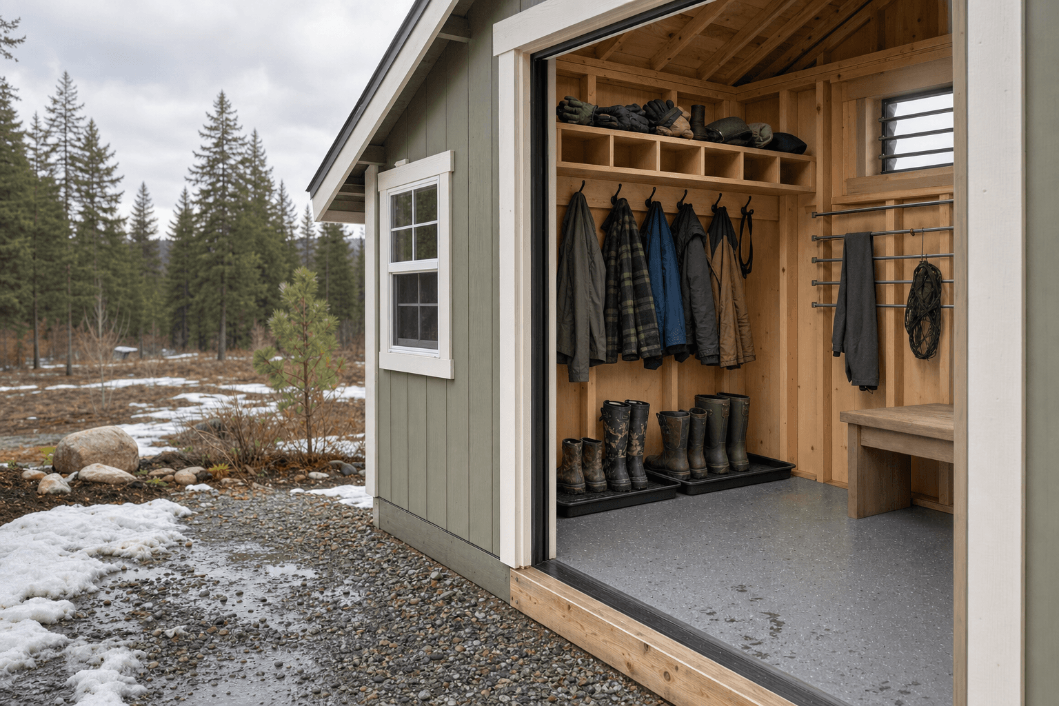 Gear drying shed detail with durable threshold, boot trays, jacket hooks, glove shelves, ventilation, and wet gear storage