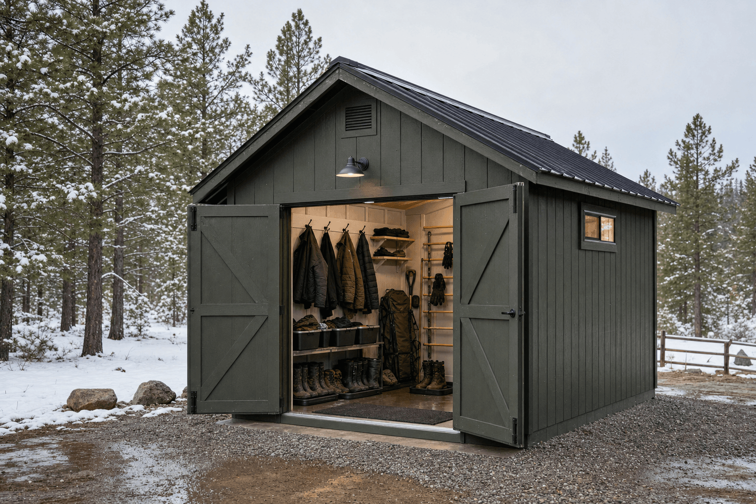North Idaho gear drying shed with wide doors, ventilation, durable threshold, boot storage, jacket hooks, and winter mudroom workflow