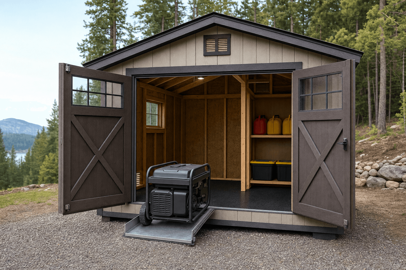 Open generator storage shed with roll-out service access, blank fuel shelf separated from equipment, ventilation louvers, durable floor, and gravel approach