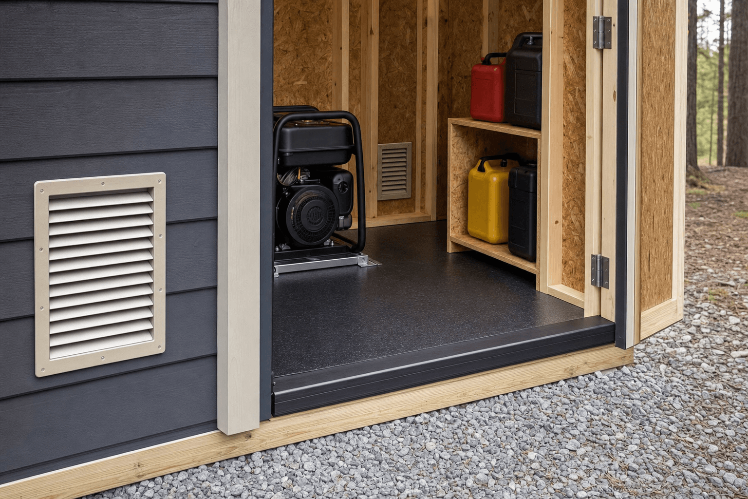 Generator shed detail with plain ventilation louvers, sturdy threshold, gravel drainage, roll-out service clearance, and separated fuel storage area