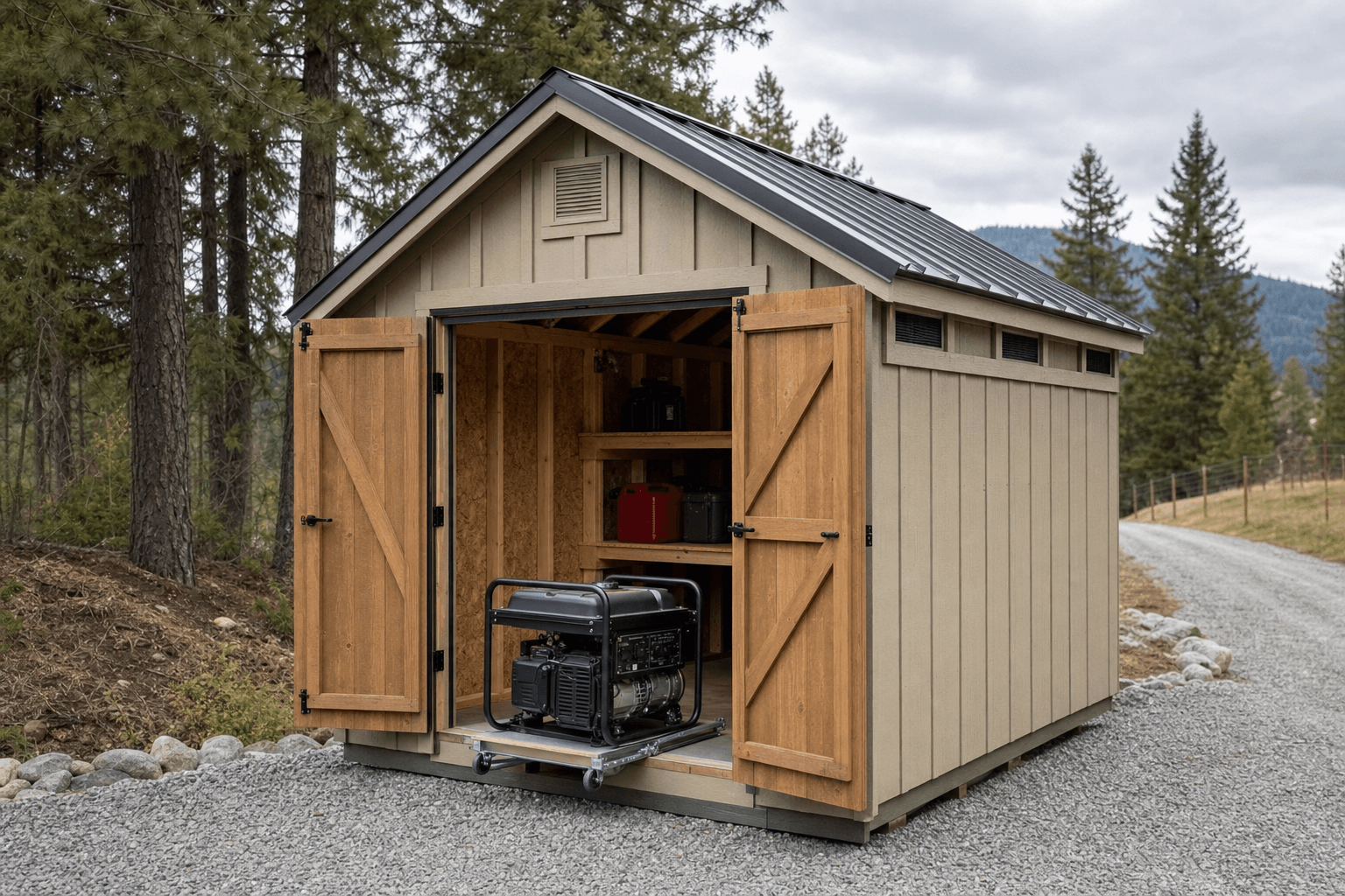 North Idaho generator storage shed with wide service doors, gravel pad, passive ventilation cues, roll-out access, and separated equipment storage