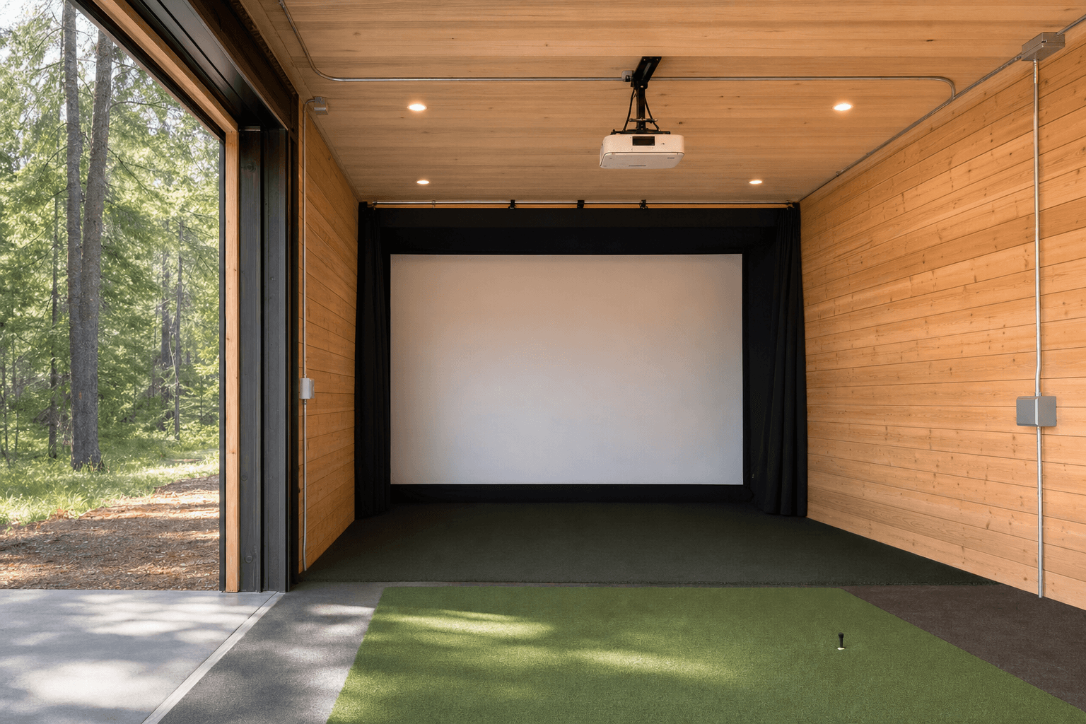 Golf simulator shed projector, lighting, cable path, and screen frame planning details