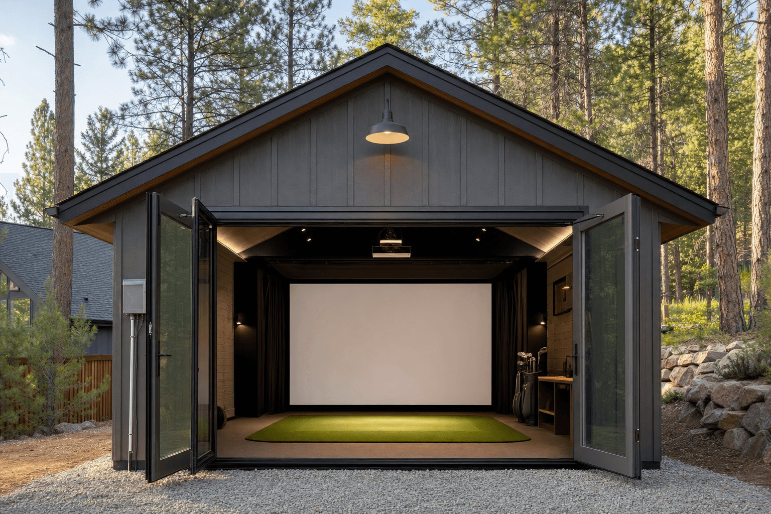 A 14x24 garage-style shed with a roll-up door and side man door on a concrete slab in North Idaho