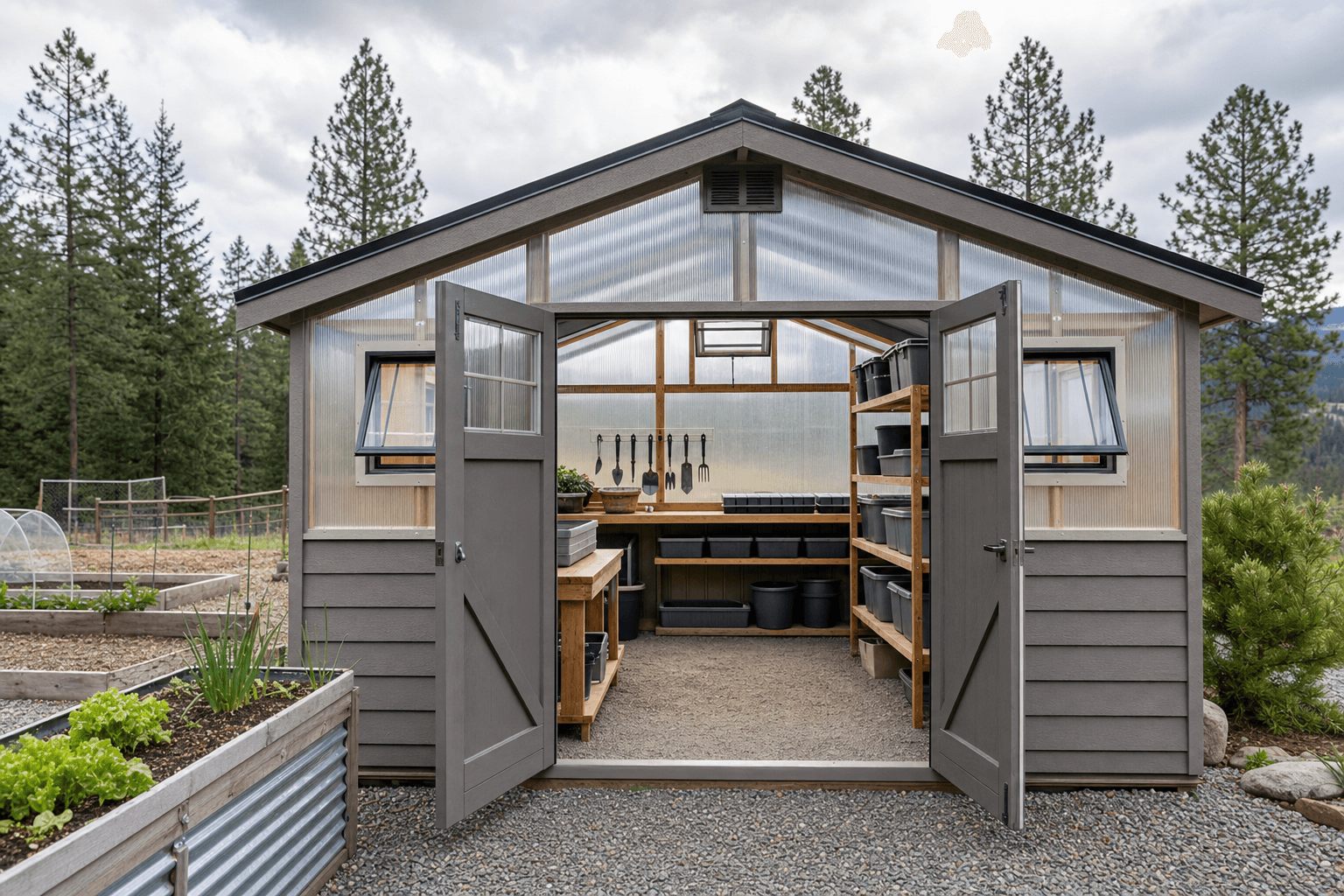 Interior of a 24x36 shed with three bays, a workbench, overhead storage, and equipment