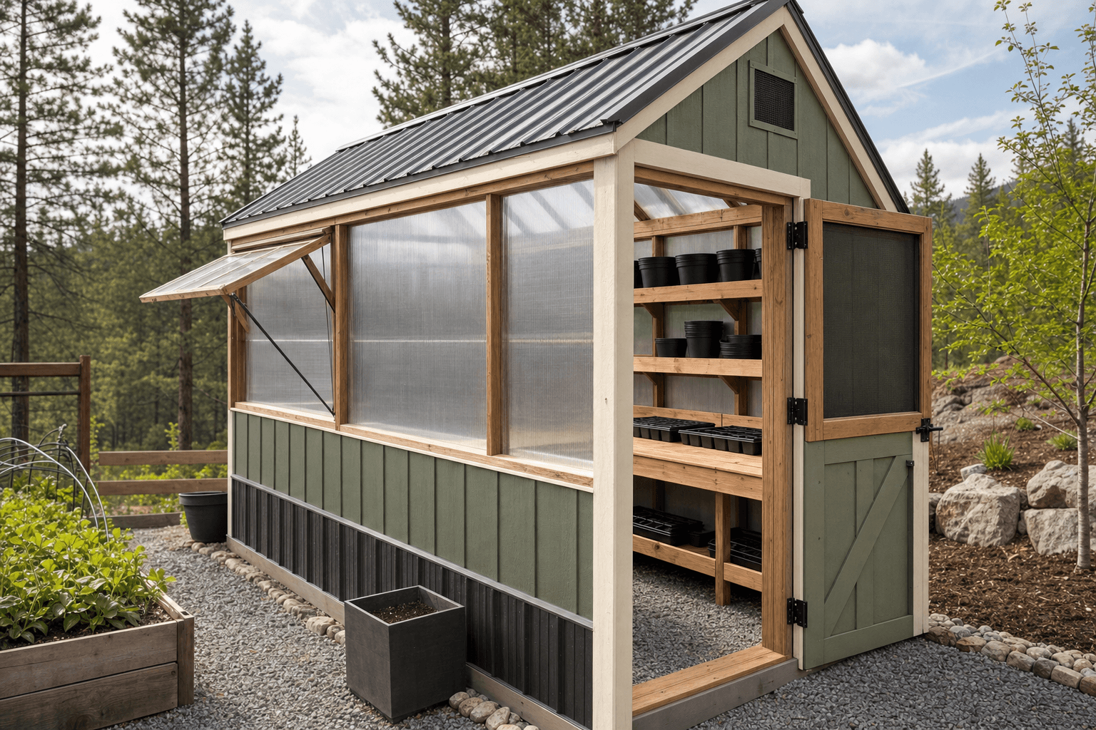 Greenhouse shed detail with blank potting bench, framed polycarbonate panel, screened vent, eave protection, and gravel drainage