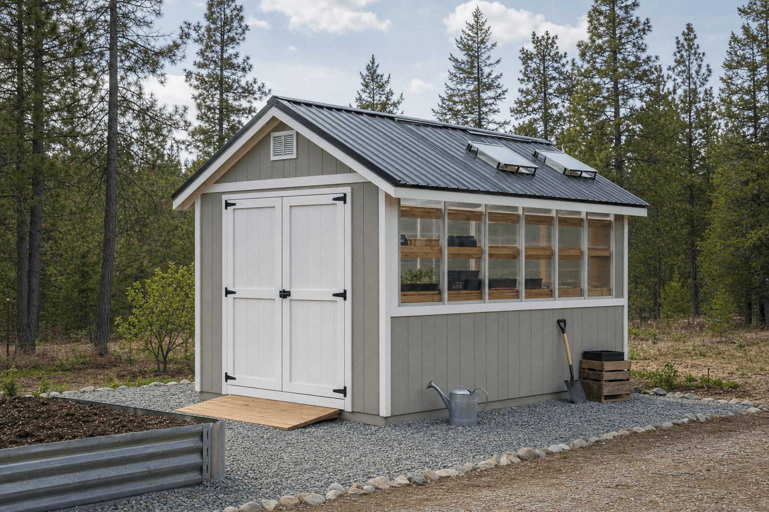 A 24x36 multi-bay shed on a concrete slab in North Idaho with tall overhead doors
