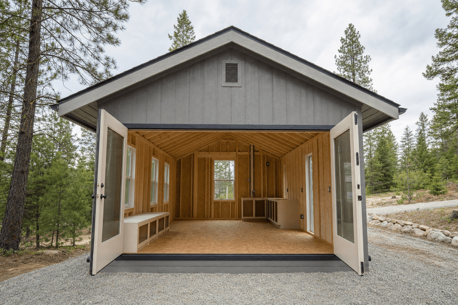 Interior of a 14x28 shed finished as a one-bedroom space with a living area and a walled bedroom