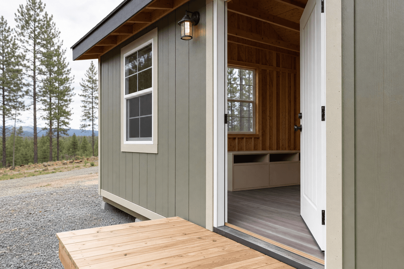Guest house ADU detail with porch threshold, trim, window, and storage bench