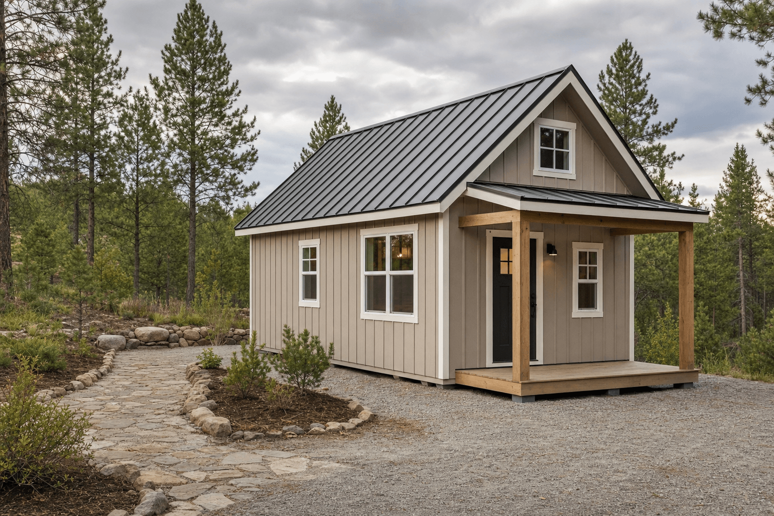 A 14x28 cottage-style shed with a porch and windows on a foundation in North Idaho