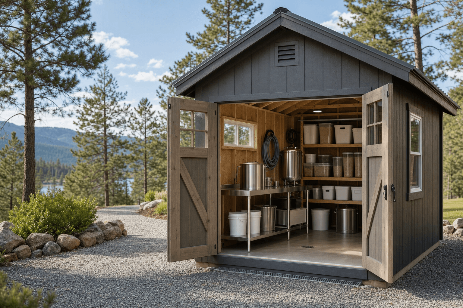 Open home brewery shed workflow with blank stainless equipment, hose storage, dry bins, ventilation, and clear aisle space