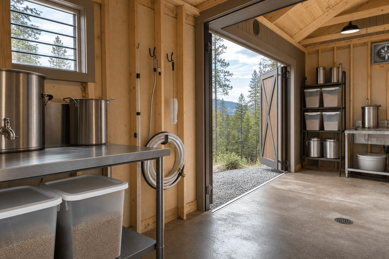 Home brewery shed detail with washable counter, blank equipment, hose routing, durable floor, and ventilation cues