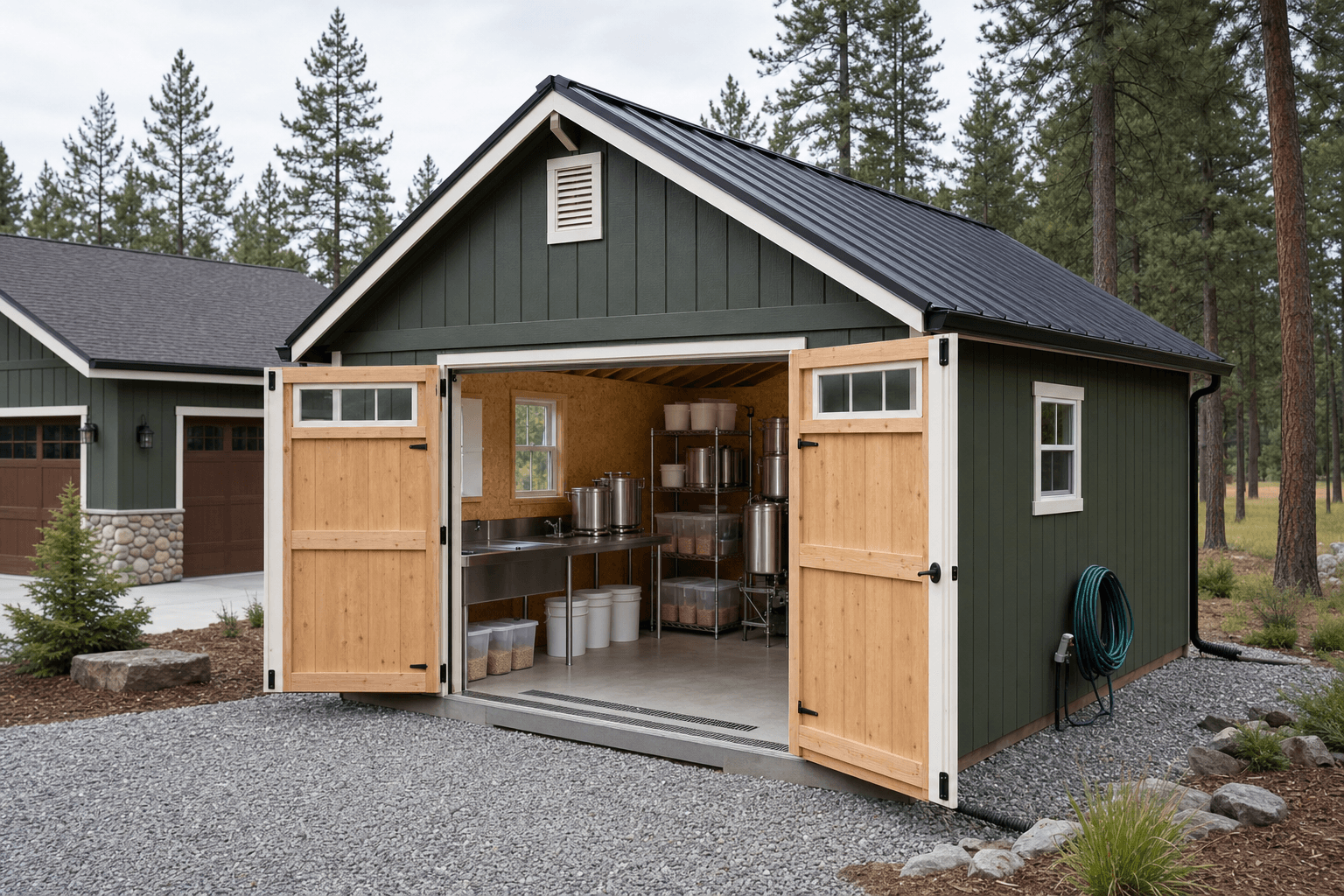 A custom gable shed with clean trim beside a pond and walking trail in the Woodbridge riverfront community in Post Falls, North Idaho