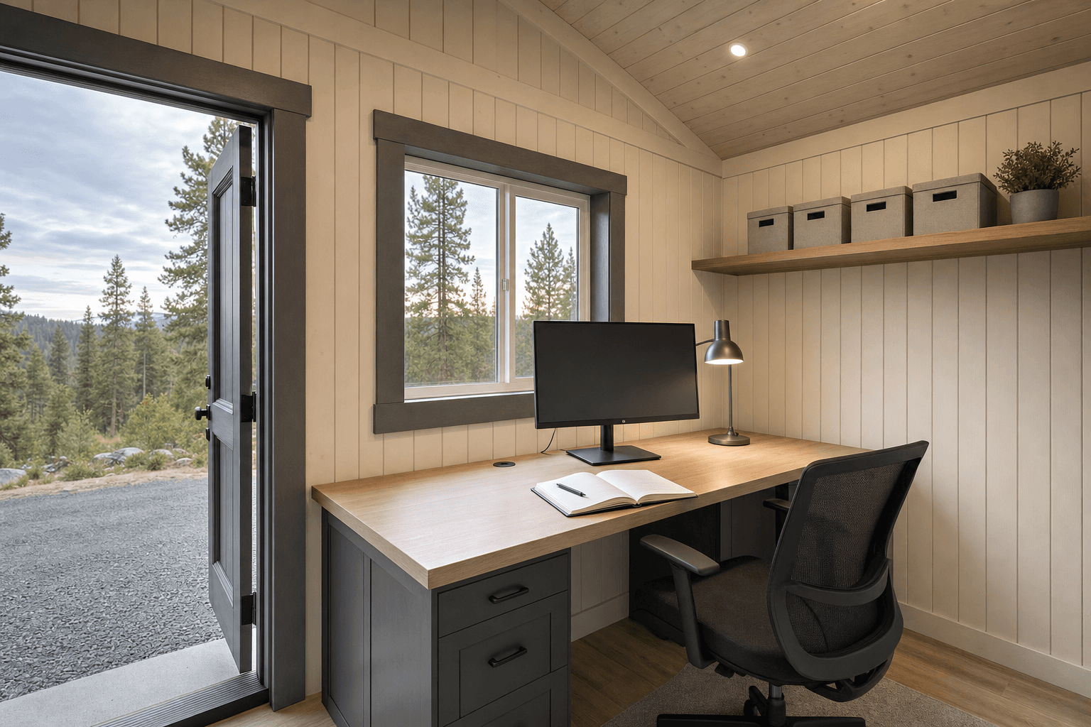 Home office shed detail with desk, window daylight, shelves, and clean cable management