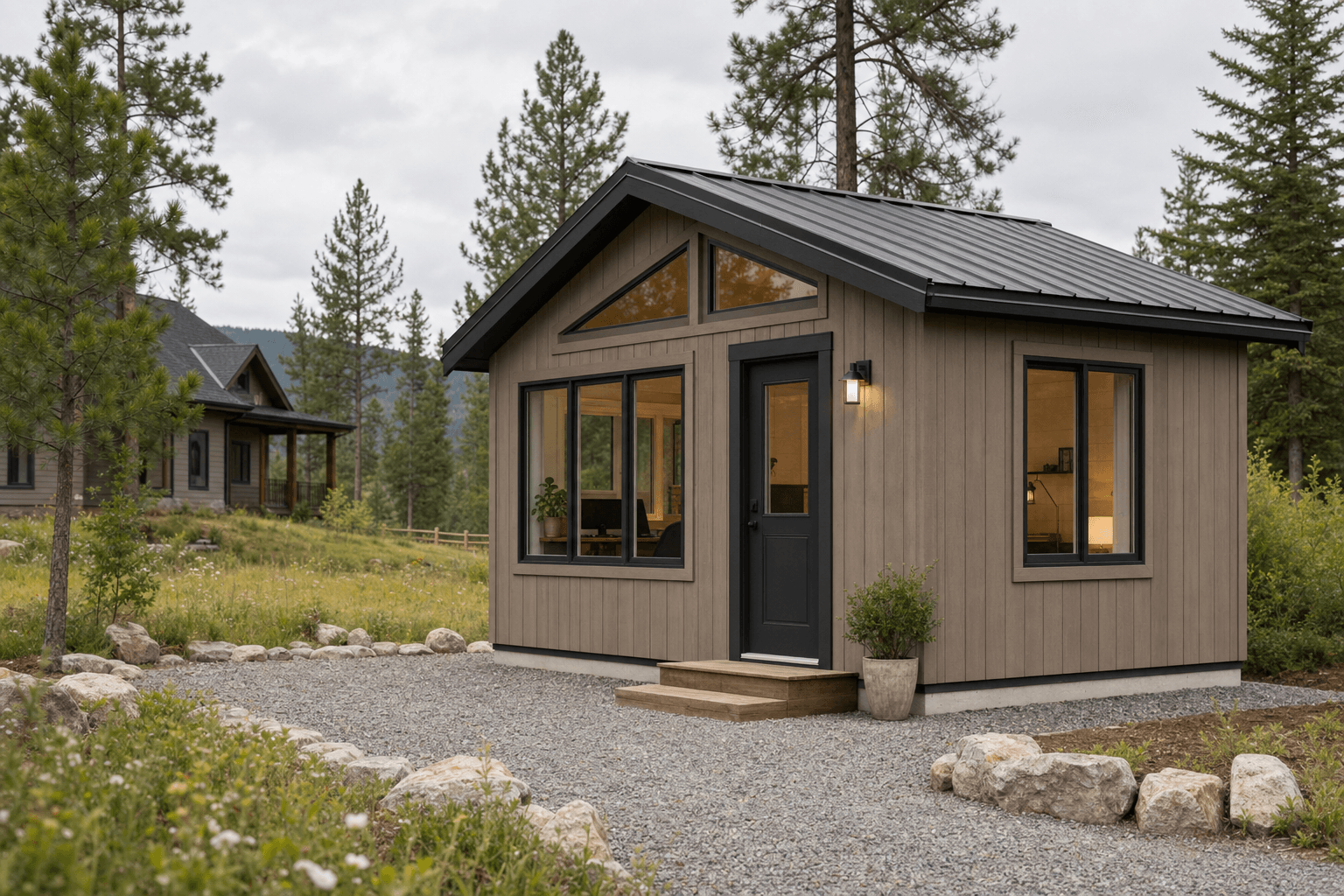 An AI-rendered home-office shed of the kind built around Athol, North Idaho, where North Idaho On Site Sheds is based