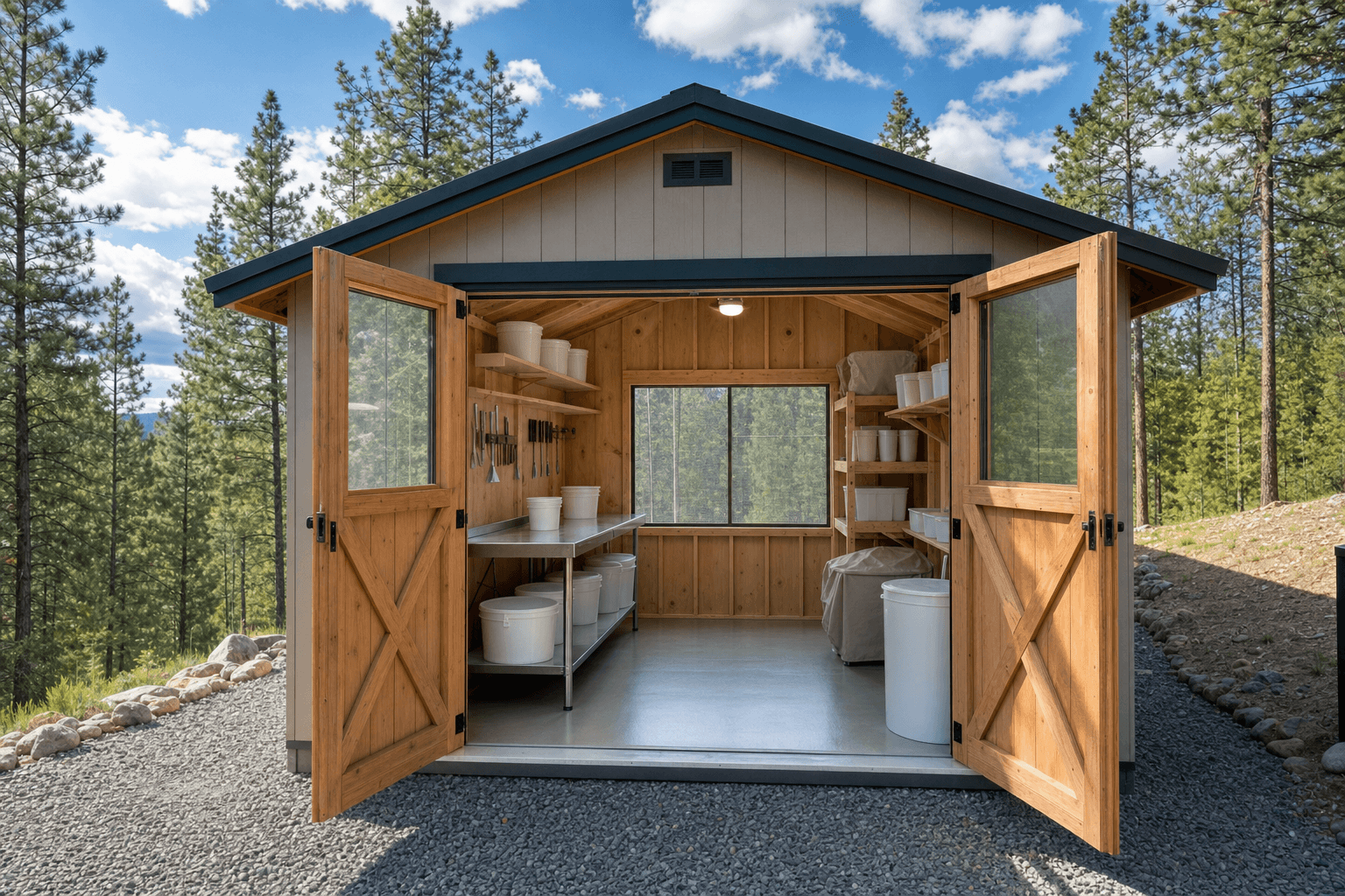 Open honey extraction support shed with washable table, blank food-safe buckets, hive-tool hooks, screened ventilation, and clear aisle