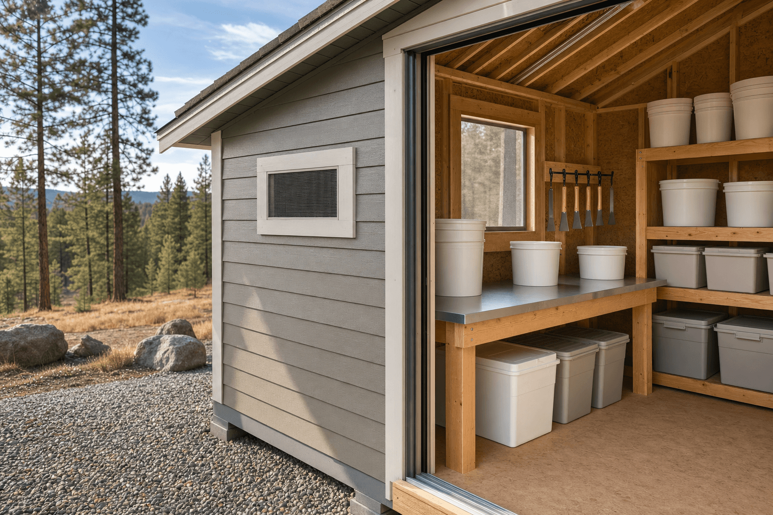 Honey extraction shed detail with blank washable work surface, blank buckets, hive-tool hooks, screened vent, and clean threshold