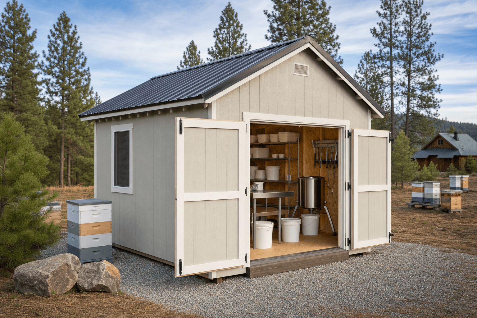 Buildable North Idaho honey extraction support shed with blank buckets, washable table, hive-tool storage, screened vent, and gravel pad